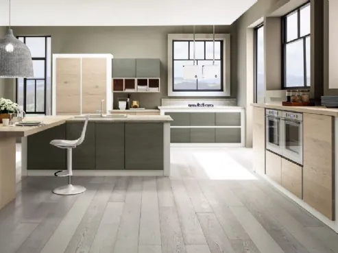 Cucina elegante e innovativa con blocchi assestanti, lineari ante con finitura in laminato venato a più colori, tavolo a penisola in legno Comp 08 di Arrex