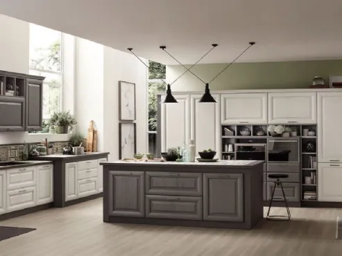 Cucina in legno color ghiaccio e antracite con isola centrale e decoro Comp 09 di Arrex