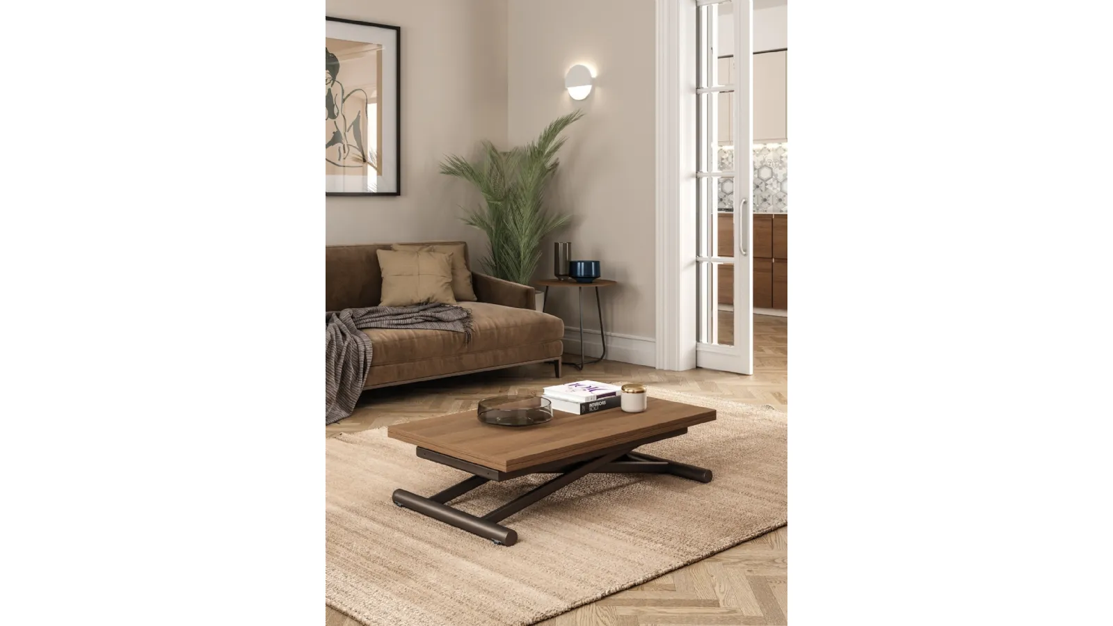 Tavolino trasformabile Fast con top finitura Eco Legno Noce Canaletto e base in metallo di Easyline