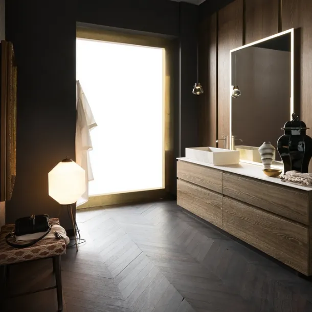 Mobile Bagno da appoggio in legno di rovere con piano e lavabo in gres effetto marmo Calacatta INK PRESTIGE NK24 di Compab