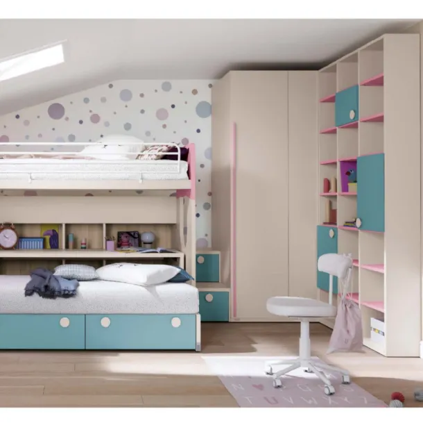 Cameretta in melaminico e laccato azzurro e rosa Alpha Letto a Castello B030 di Doimo Cityline