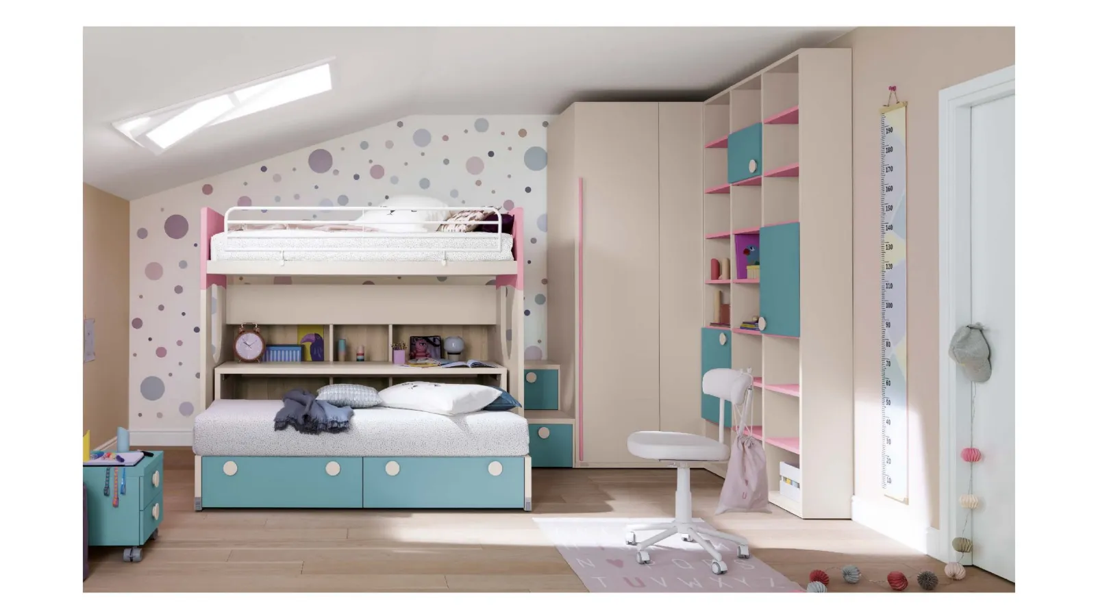 Cameretta in melaminico e laccato azzurro e rosa Alpha Letto a Castello B030 di Doimo Cityline