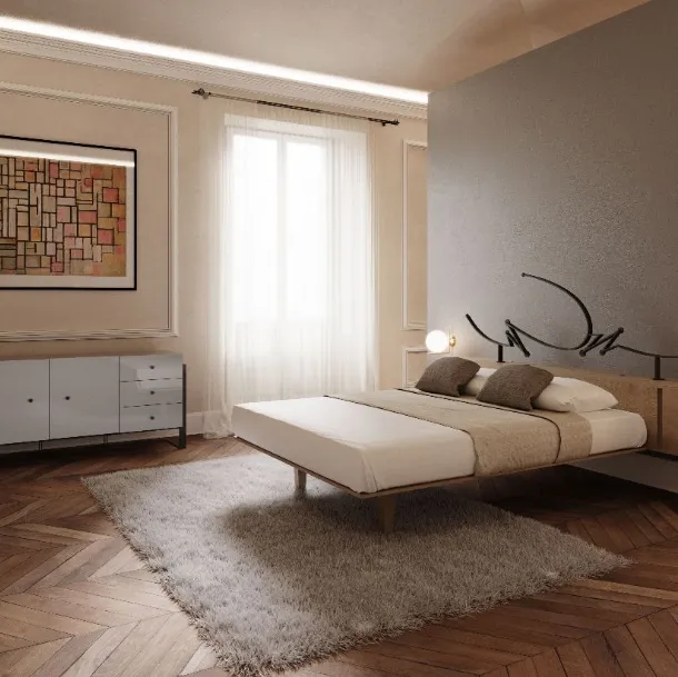 Letto con struttura in legno impiallacciato rovere naturale con testiera artistica Cubo di Barel
