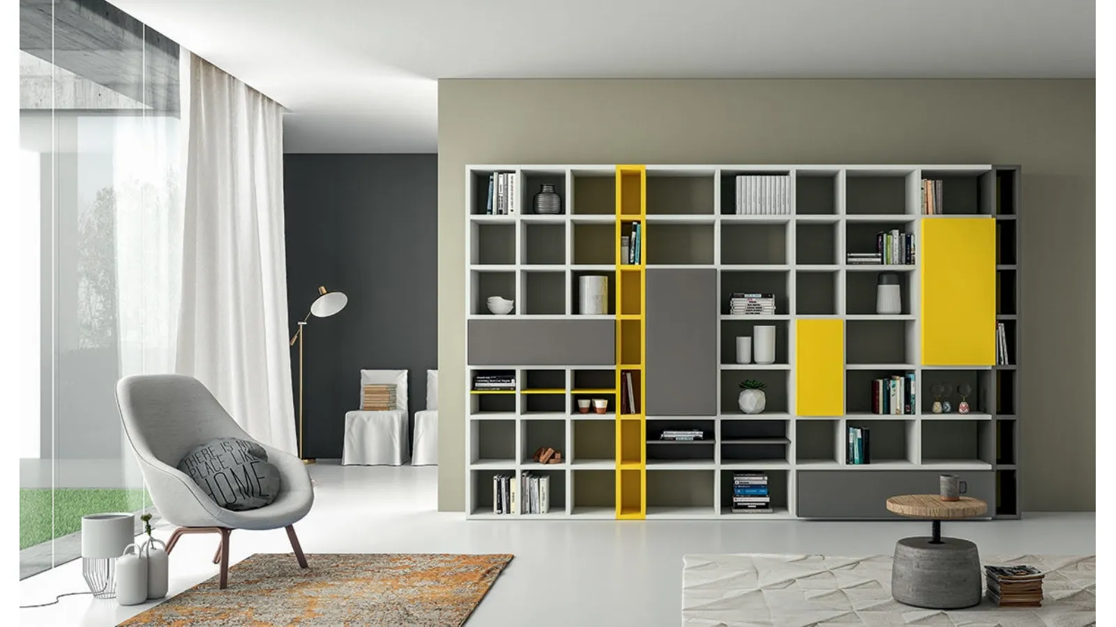 Libreria Speed P in laccato Light Grey e Giallo Zinco di Dall'Agnese