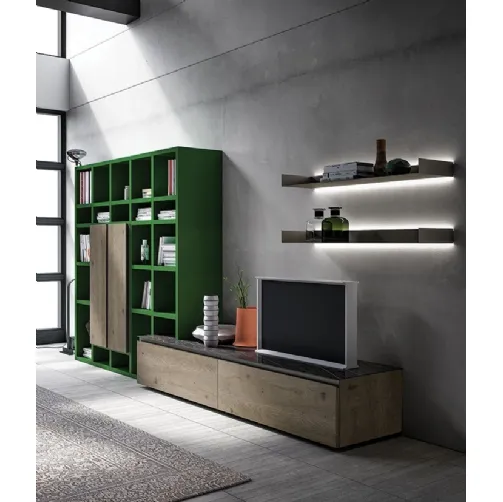 Libreria a muro Speed Up 01 in Rovere Cenere e laccato Verde Foglia di Dall'Agnese