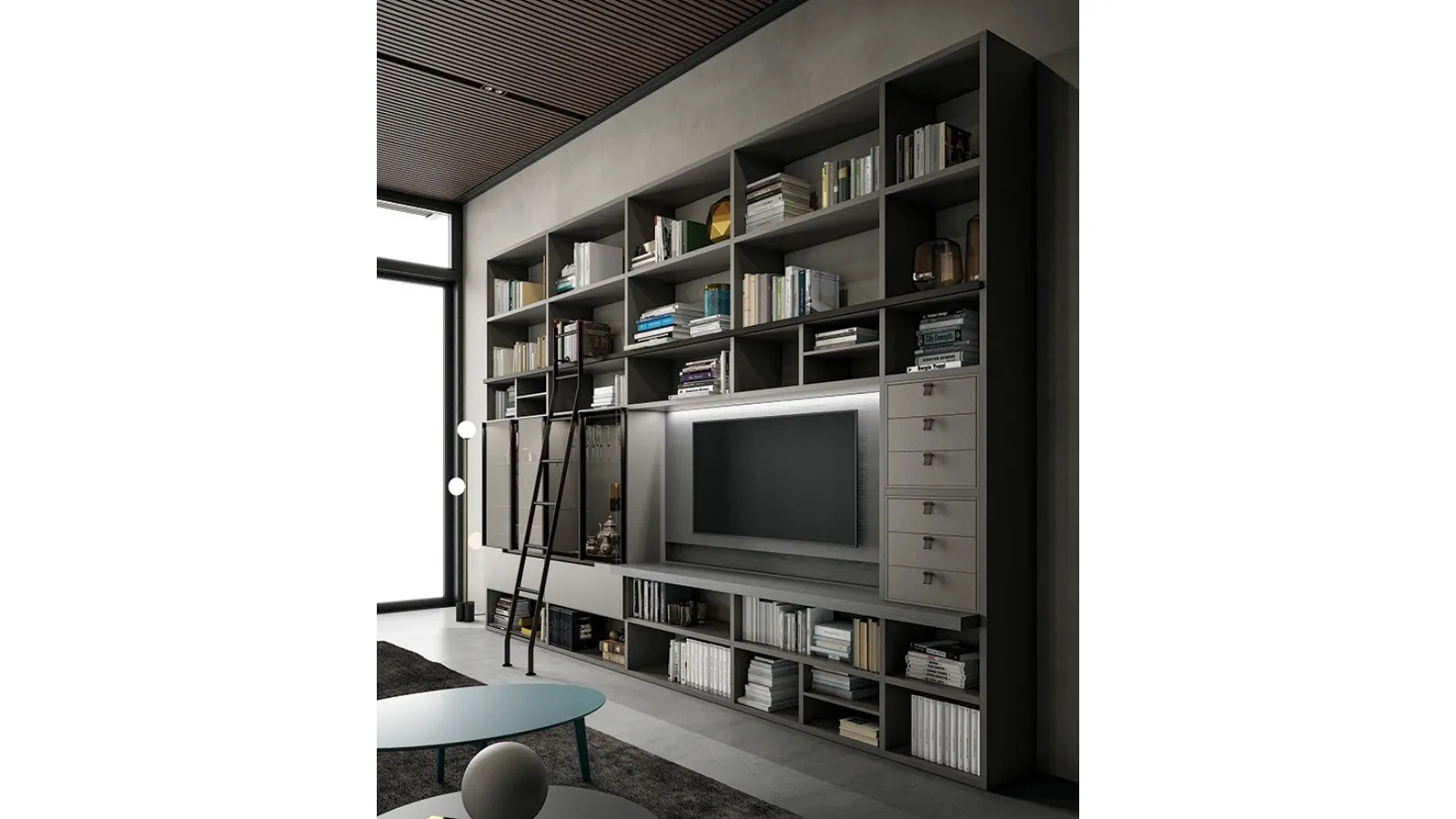 Libreria Speed Up 02 in laccato Dark Grey e Materico effetto pelle di Dall'Agnese