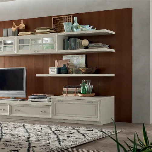 Parete Attrezzata MU454 con Boiserie Noce e finitura mobile Panna di Maronese Acf