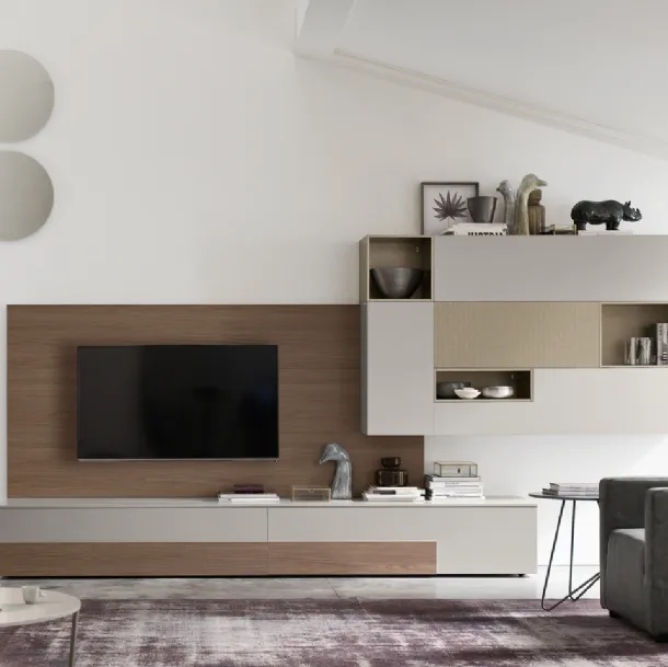 Parete Attrezzata Seta SA2207 in melaminico Rovere Avena e laccato opaco di Maronese Acf