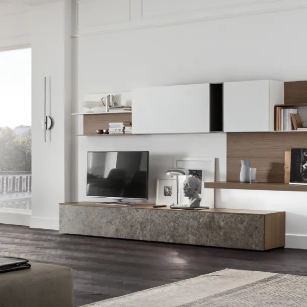 Parete Attrezzata Seta SA2230 in melaminico marmo Ash Stone, Rovere, Avena, Bianco e laccato opaco Ferro di Maronese Acf
