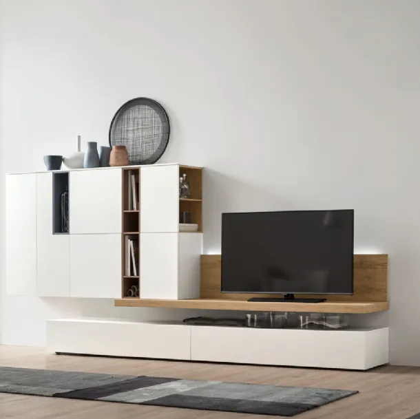 Parete Attrezzata Seta Unix SU2104 in melaminico Rovere nodato, Bianco e laccato opaco Cotto, Ceruleo di Maronese Acf