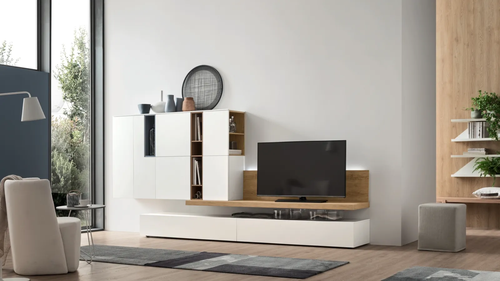 Parete Attrezzata Seta Unix SU2104 in melaminico Rovere nodato, Bianco e laccato opaco Cotto, Ceruleo di Maronese Acf