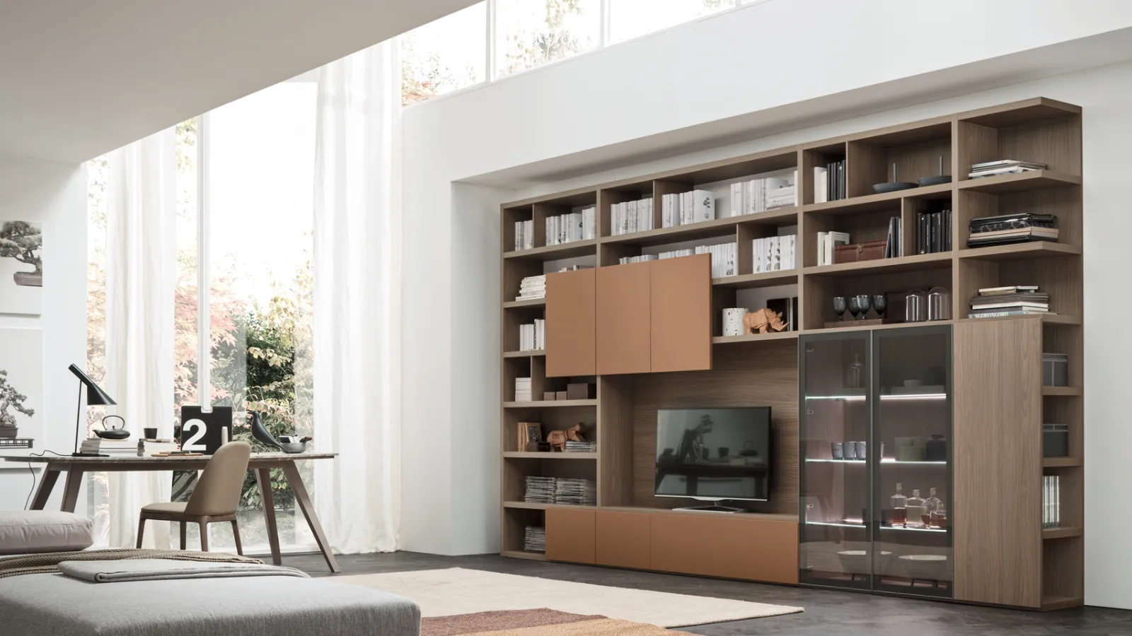 Parete Attrezzata Spalla SA2204 in melaminico Rovere Avena e laccato opaco Cotto di Maronese Acf