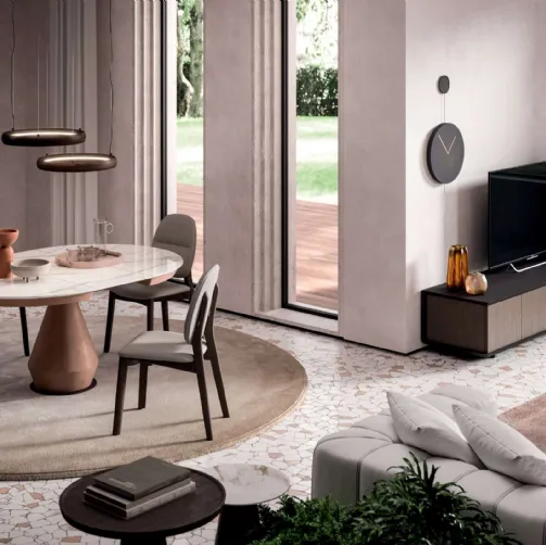 Tavolo allungabile Lycos con top in Marble Glass Calacatta Gold lucido e base in metallo verniciato Bronzo di Ozzio