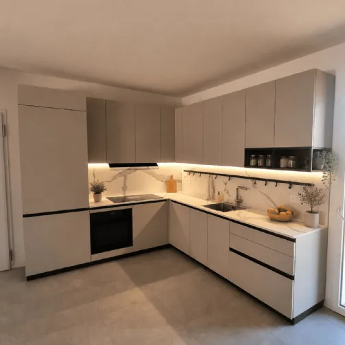Cucina angolare dai toni chiari e gole a contrasto