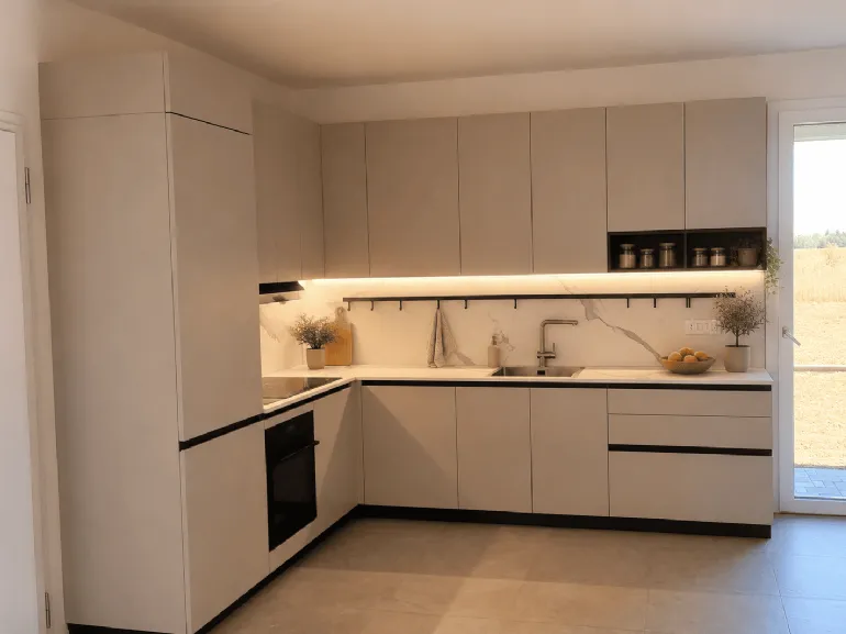 Cucina angolare dai toni chiari e gole a contrasto