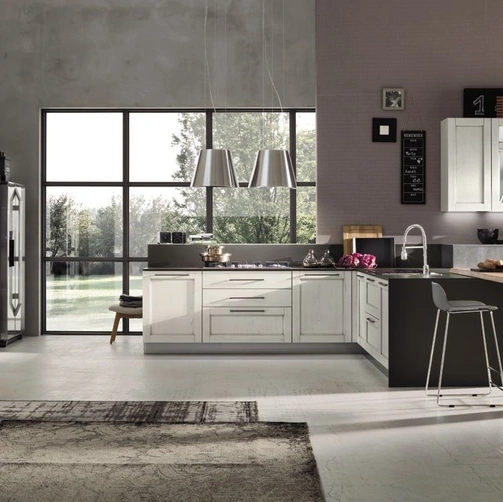 Cucina Moderna con penisola Eva 06 in legno Decapè Ghiaccio di ArrexCucina Moderna con penisola Eva 06 in legno Decapè Ghiaccio di Arrex