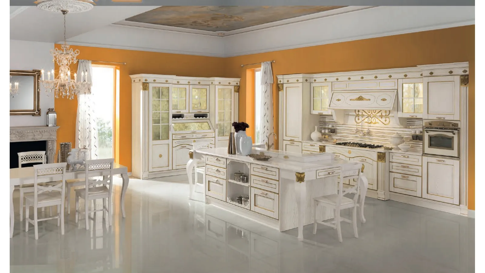 Cucina Classica con isola Imperial Elegance in Frassino Bianco canapa decapato e foglia oro di Aran