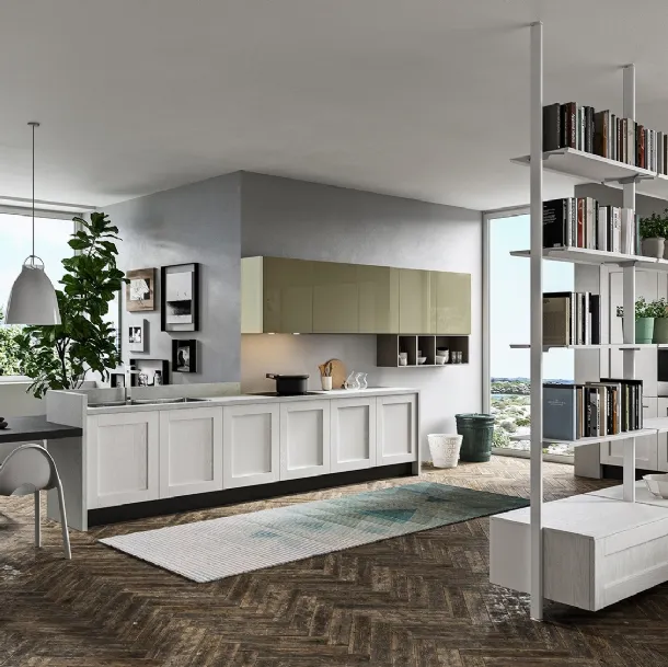 Cucina Classica lineare Licia in legno di Rovere Bianco con pensili in laccato lucido di Aran