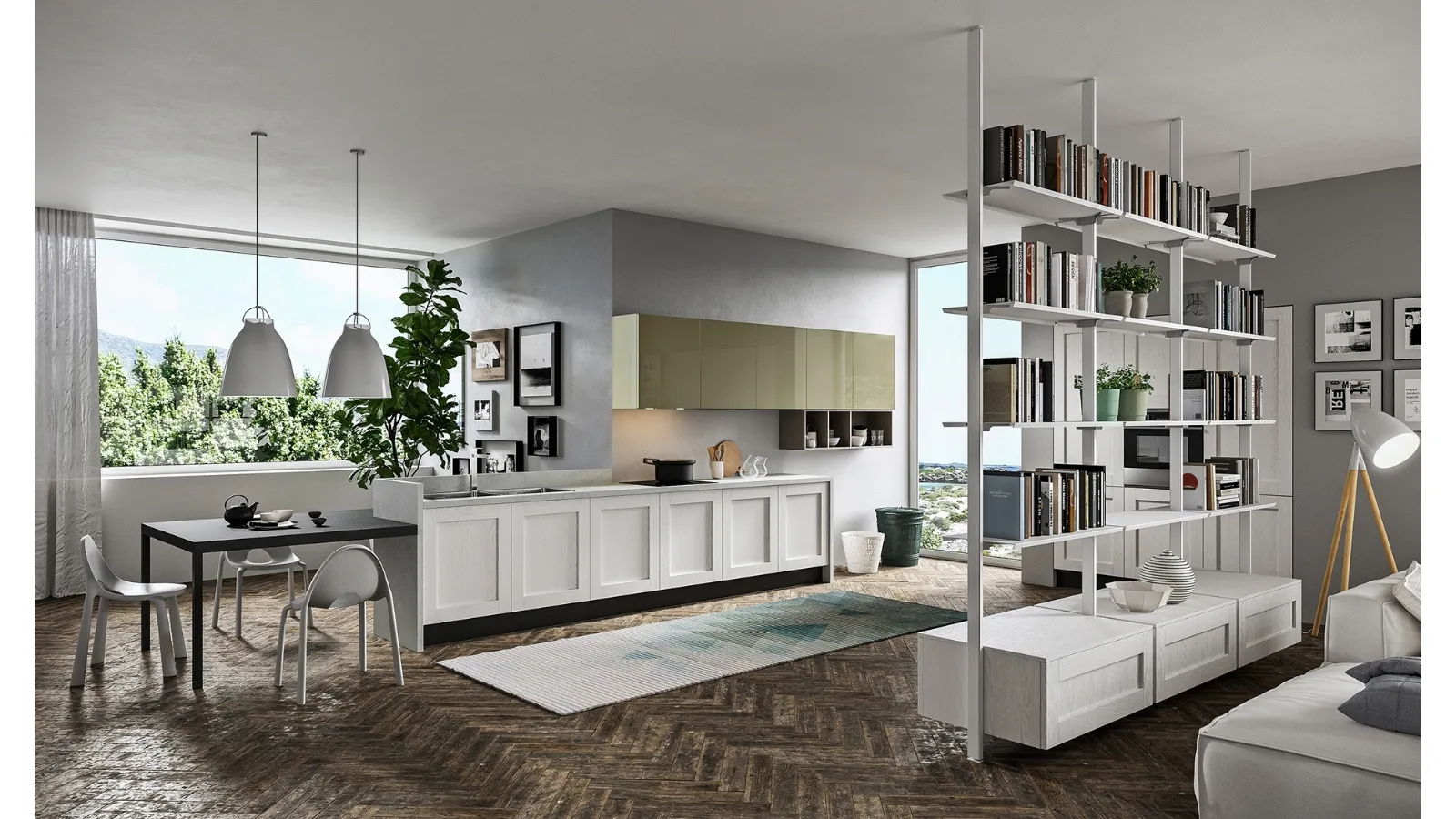 Cucina Classica lineare Licia in legno di Rovere Bianco con pensili in laccato lucido di Aran