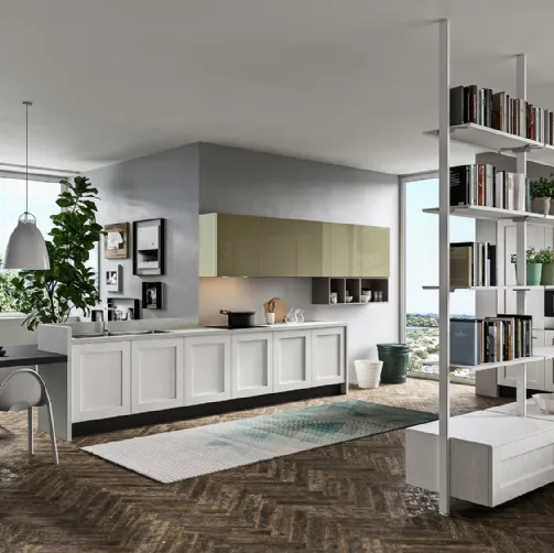 Cucina Classica lineare Licia in legno di Rovere Bianco con pensili in laccato lucido di Aran
