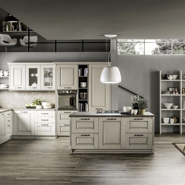 Cucina Classica angolare con isola centrale Nora 02 in legno Decapé Gesso ed Ecru di Arrex