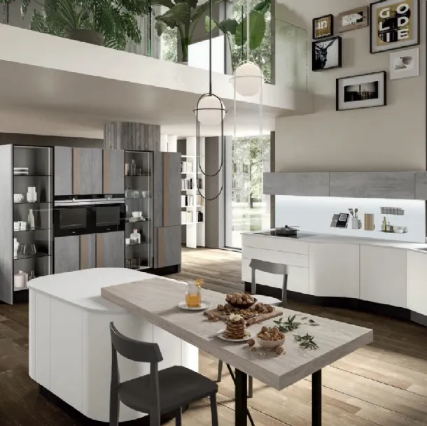 Cucina Design dalla forma asimmetrica con isola Erika in LPL Bianco di Aran