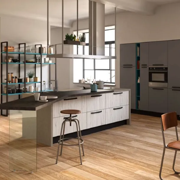 Cucina Design con penisola Faro in Rovere sbiancato di Aran