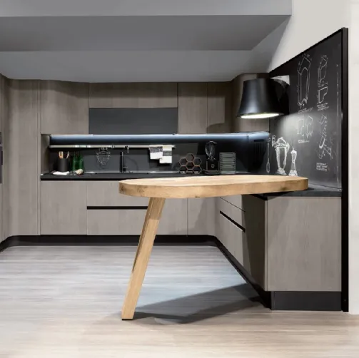 Cucina Design angolare con penisola Penelope in natural Ash con piano snack in ulivo massello di Aran