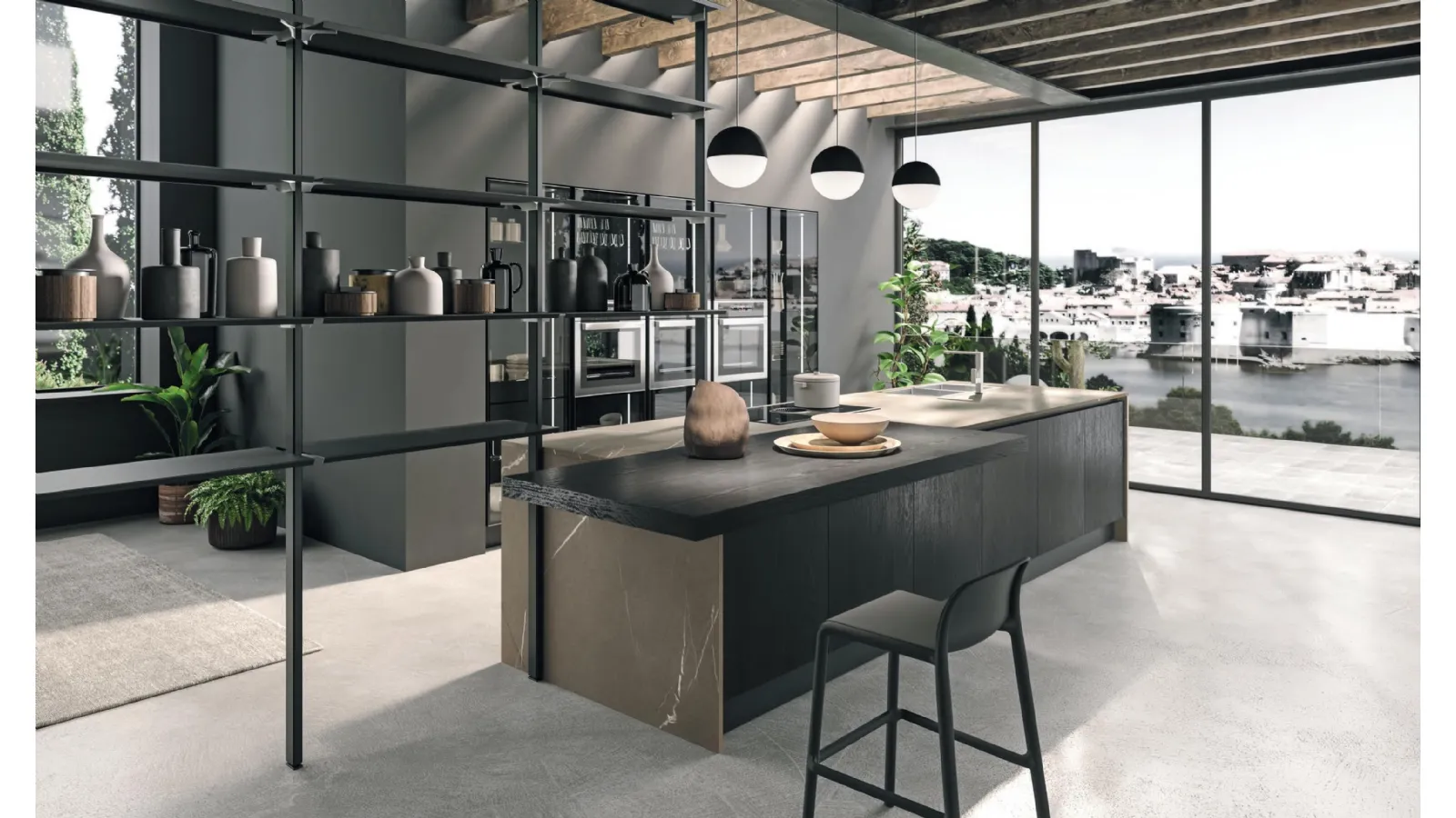 Cucina Design con isola Volare in Rovere Moka e laminato di Aran