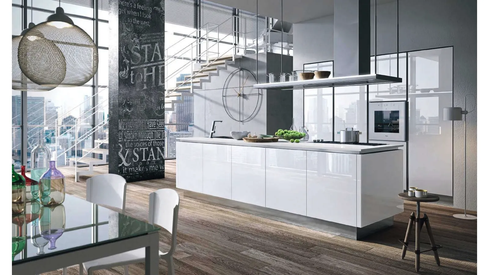 Cucina Design con isola Bijou in vetro Bianco lucido di Aran