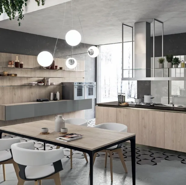 Cucina Design con isola Lab13 con basi in LPL Rovere cipria e anta Plana con profilo in alluminio di Aran
