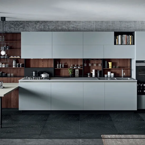 Cucina Design lineare Lab13 in laminato HPL Grigio con profilo in alluminio Nero di Aran