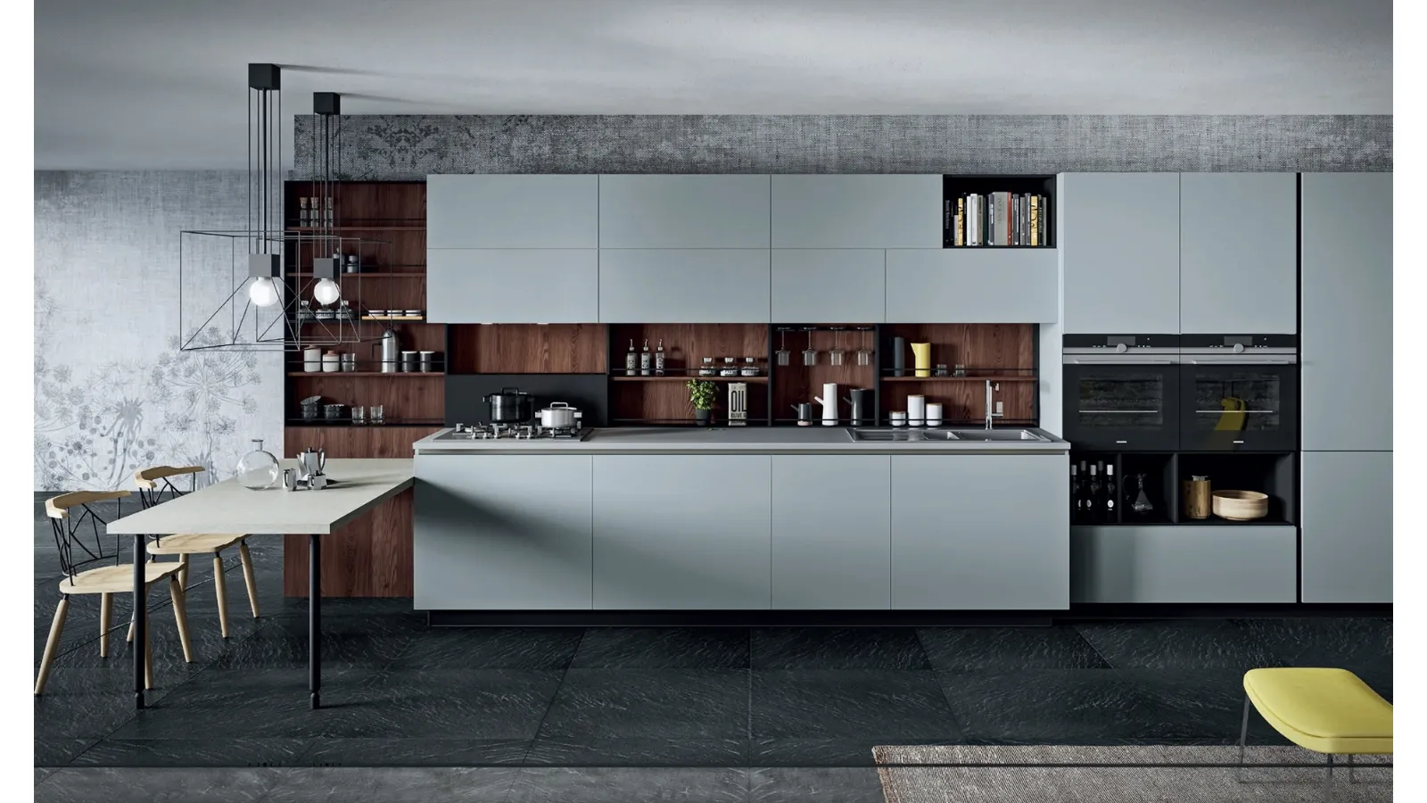 Cucina Design lineare Lab13 in laminato HPL grigio con profilo in alluminio nero di Aran