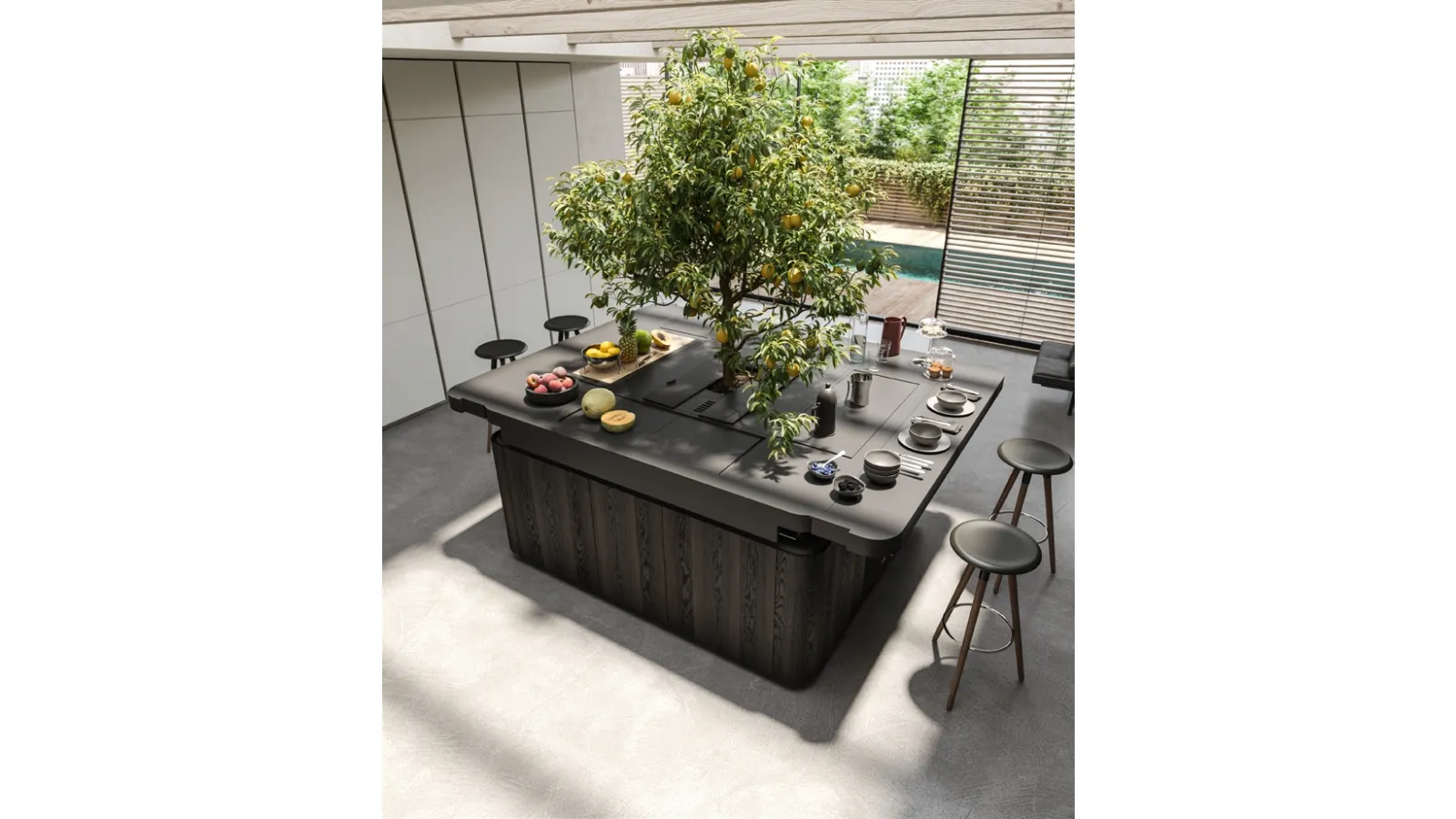 Cucina Design a isola Oasi in Rovere fossile con albero di limoni di Aran