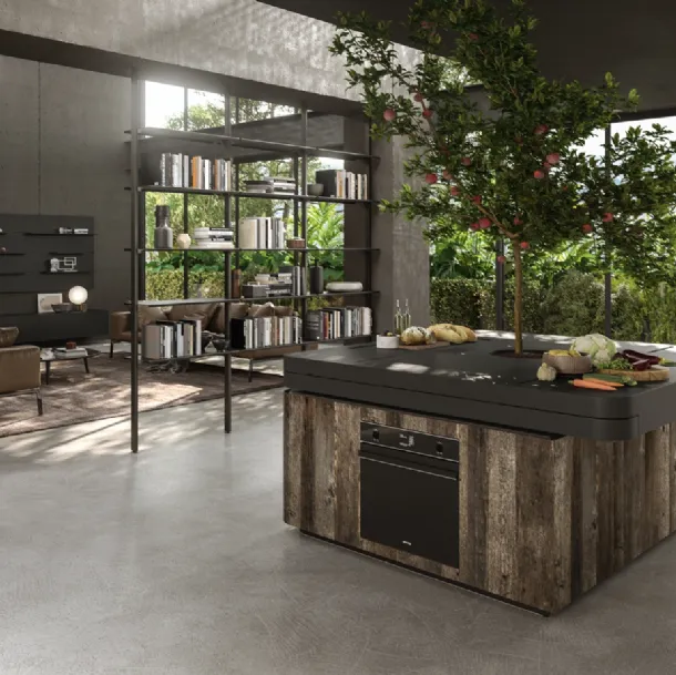 Cucina Design a isola di forma quadrata con albero centrale Oasi in Rovere ossidato di Aran