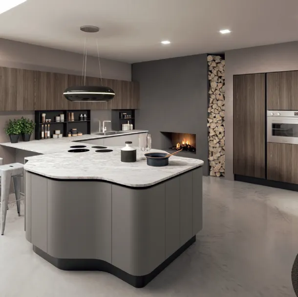 Cucina Design angolare con penisola Penelope in HPL Grigio e HPL Noce con top in marmo di Carrara spazzolat