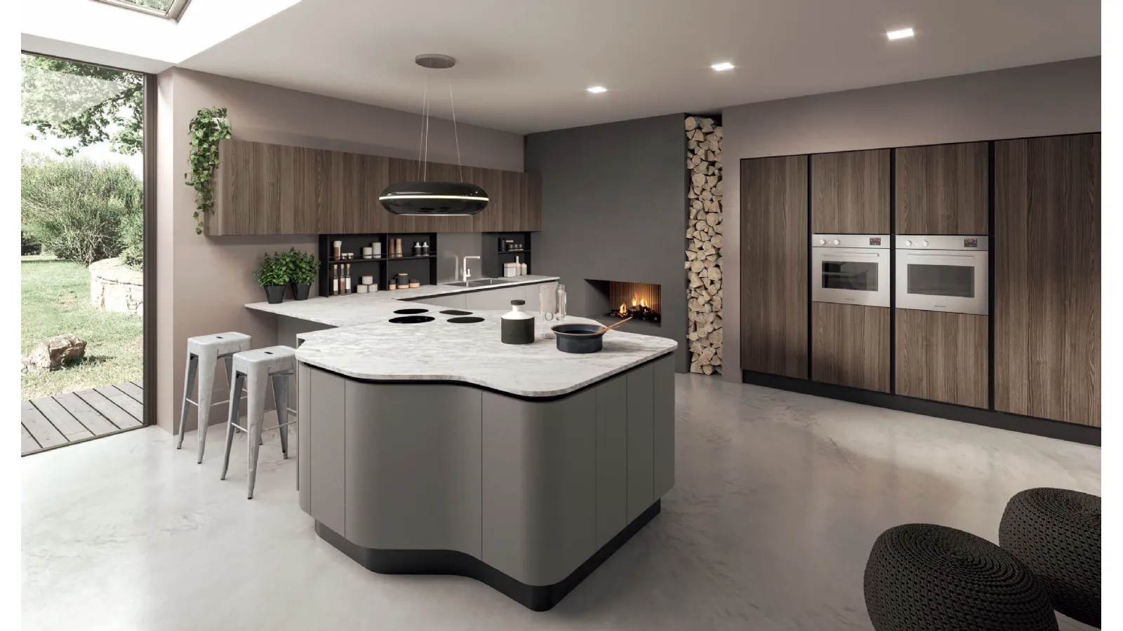 Cucina Design angolare con penisola Penelope in HPL Grigio e HPL Noce con top in marmo di Carrara spazzolat