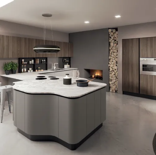 Cucina Design angolare con penisola Penelope in HPL Grigio e HPL Noce con top in marmo di Carrara spazzolat