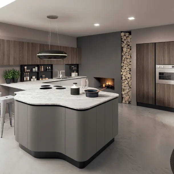 Cucina Design con penisola Penelope in HPL Grigio e HPL Noce con top in marmo di Carrara spazzolat
