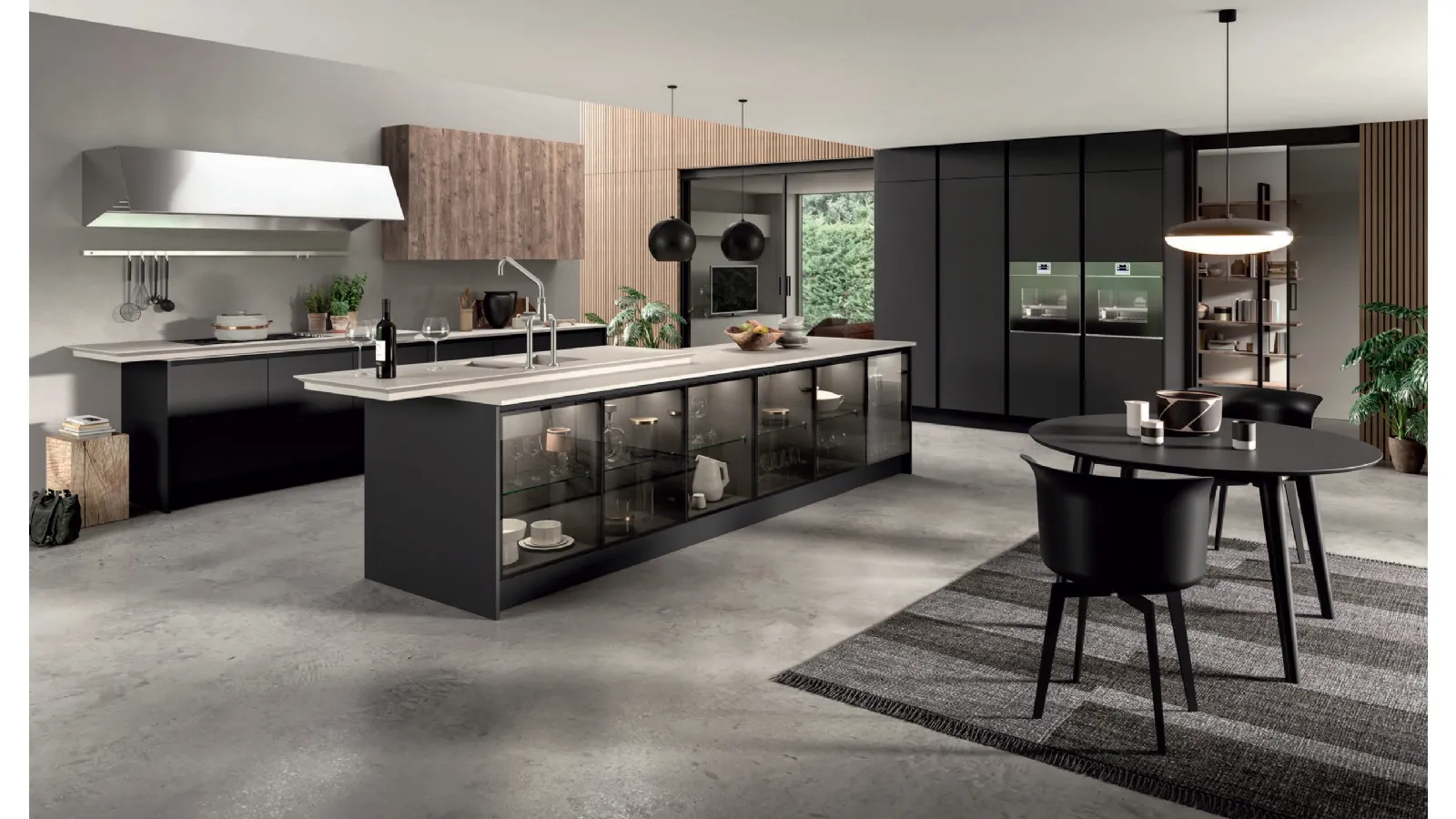 Cucina Design con isola Penelope in HPL Nero opaco e vetro di Aran