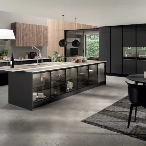 Cucina Design con isola Penelope in HPL Nero opaco e vetro di Aran