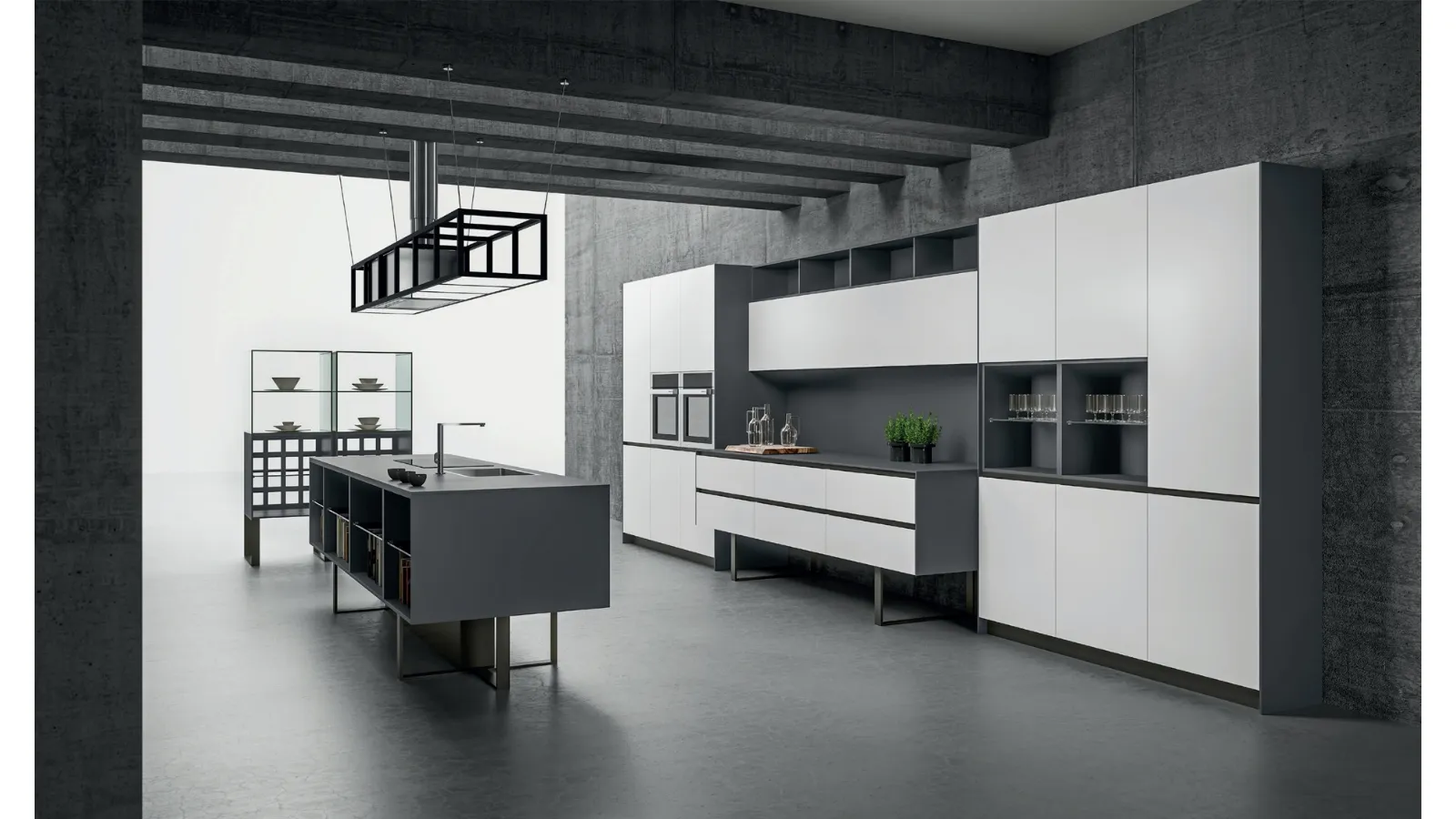 Cucina Design Sipario con isola in Fenix Grigio Bromo e Bianco Alaska di Aran