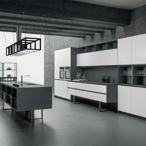 Cucina Design Sipario con isola in Fenix Grigio Bromo e Bianco Alaska di Aran