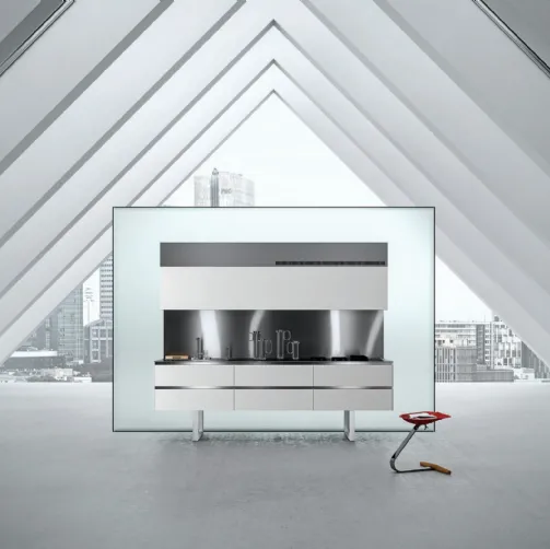 Cucina Design lineare Sipario in Fenix Bianco Alaska e Acciaio inox di Aran