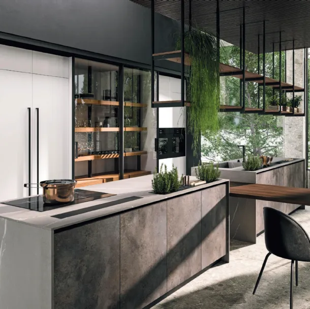 Cucina Design Volare con piante inserite nel top in laminato con penisola centrale di Aran