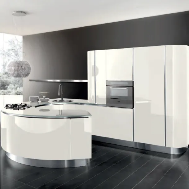 Cucina Design con penisola a semicerchio Volare in laccato lucido Bianco puro e top in vetro Bianco di Aran