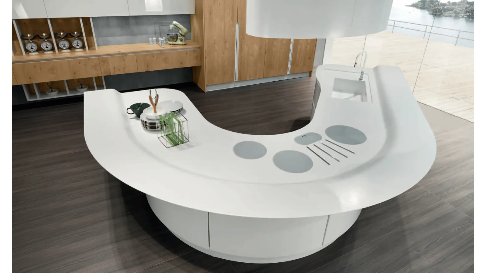 Cucina Design a isola semicircolare Volare in laccato Bianco lucido e Rovere nodato di Aran