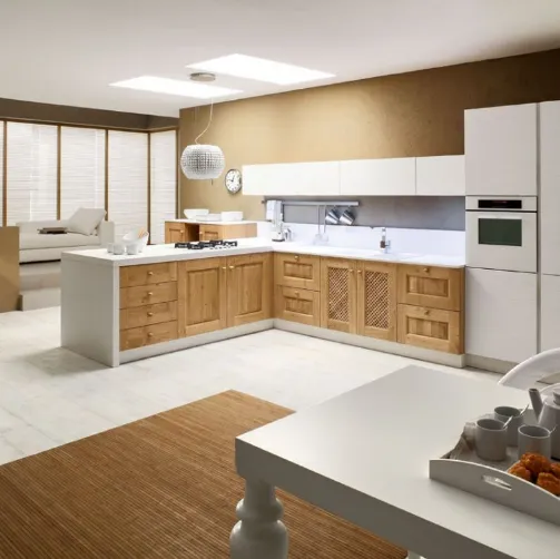 Cucina angolare in Muratura Carola in legno di Rovere naturale e Laccato Bianco lucido di Arrex