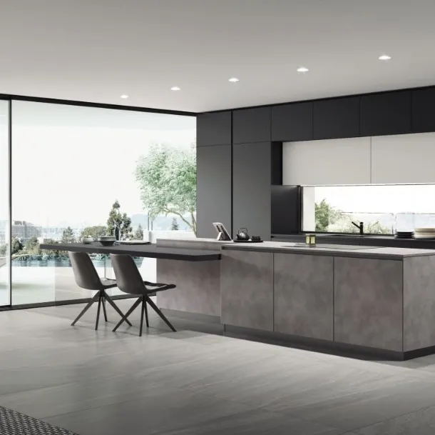 Cucina Moderna con isola AL 32 04 in HPL Cemento e Vetro opaco Nero di Arrex