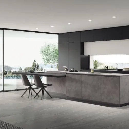 Cucina Moderna con isola AL 32 04 in HPL Cemento e Vetro opaco Nero di Arrex